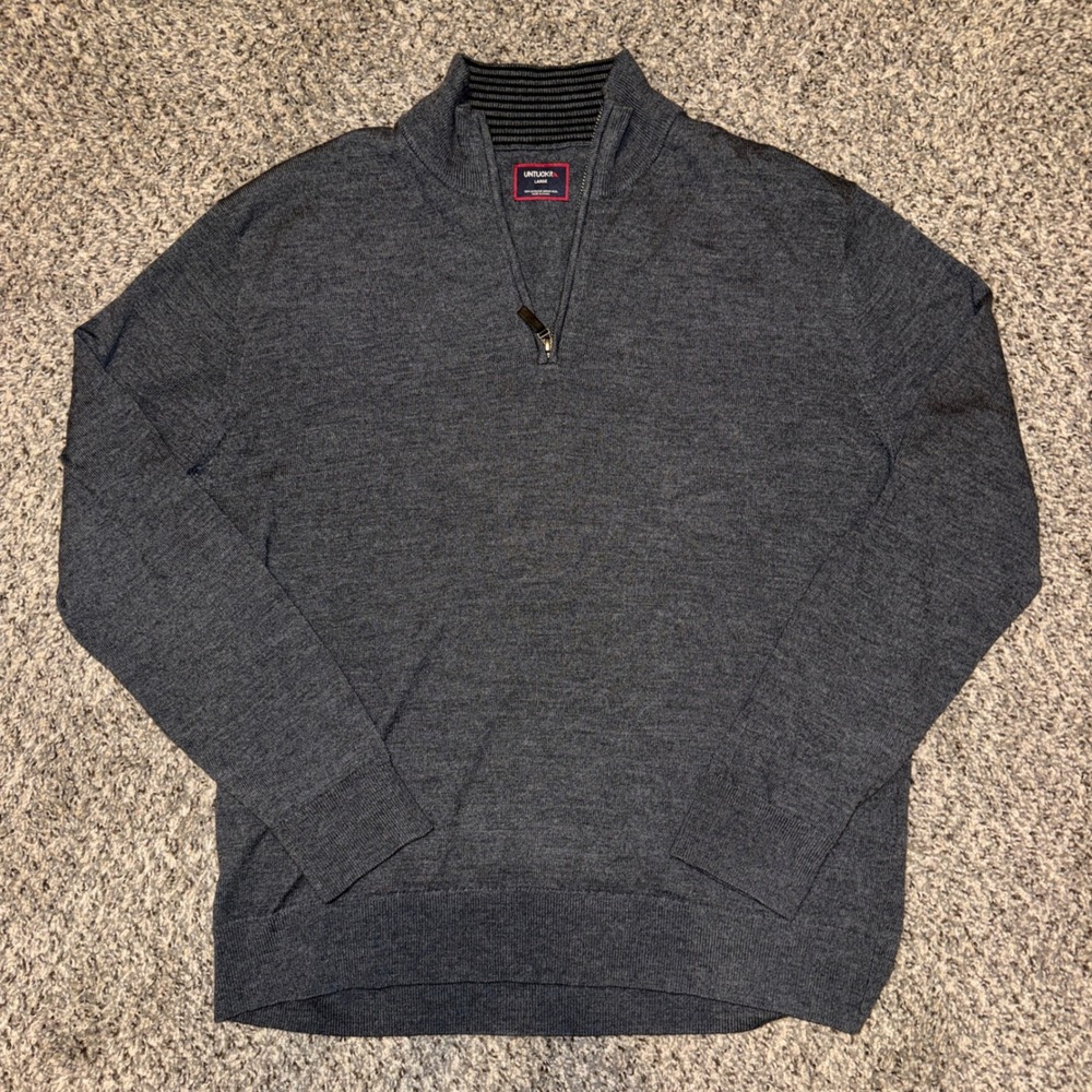 Untuckit Mens Large Gray Extrafine Merino Wool Quarter Zip Sweater Mock Neck